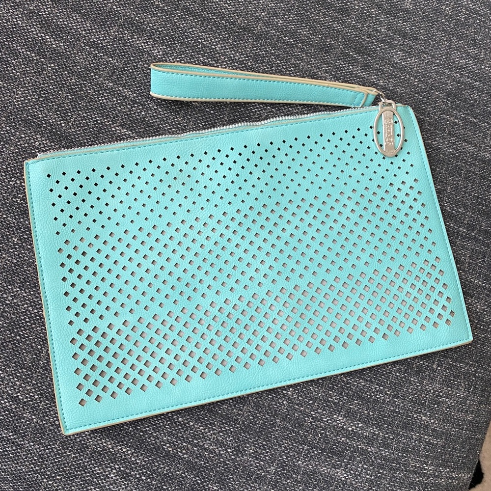 Carlos Santana teal clutch purse bag
